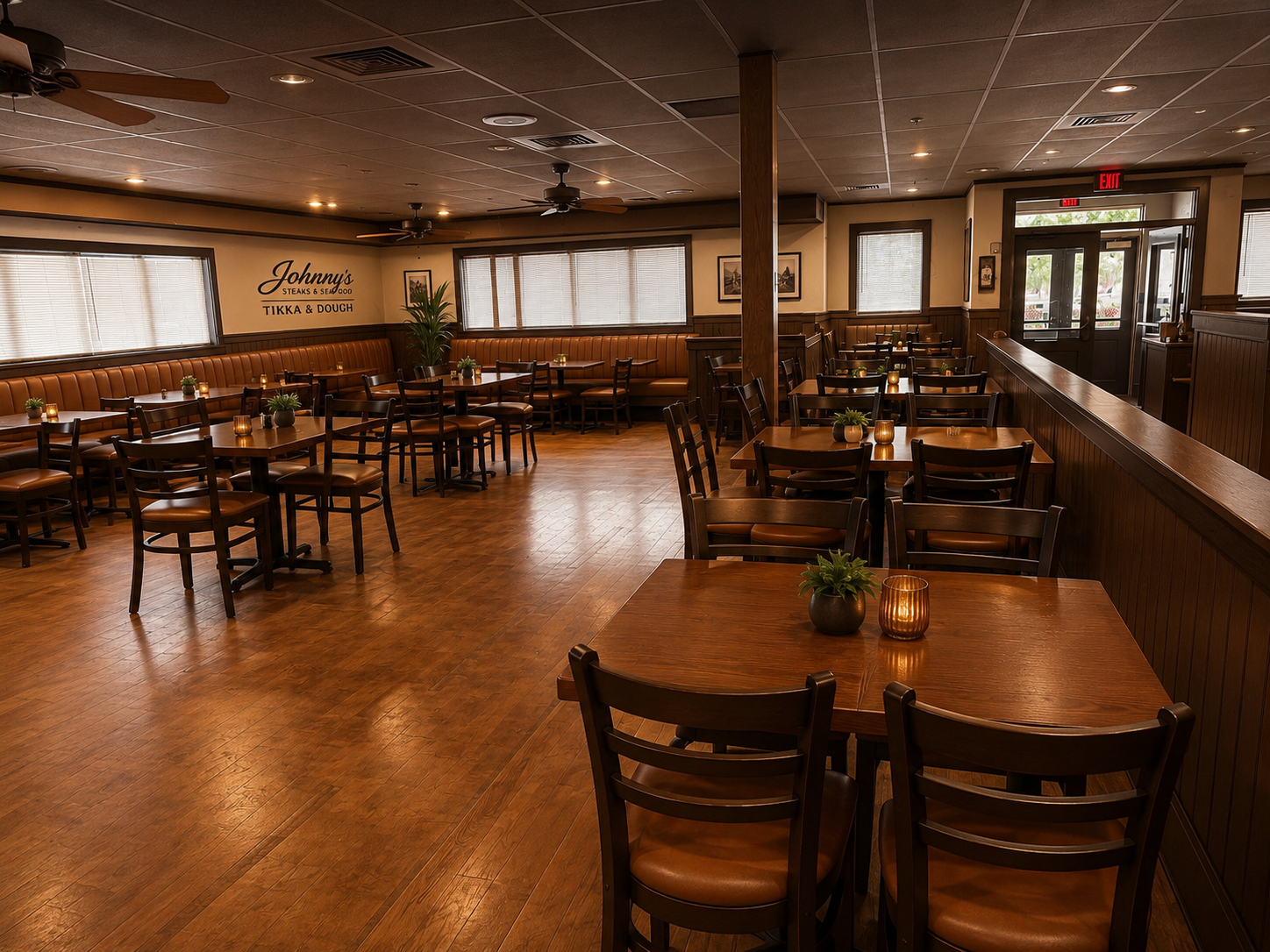 Johnny's main dining room with warm wood tones